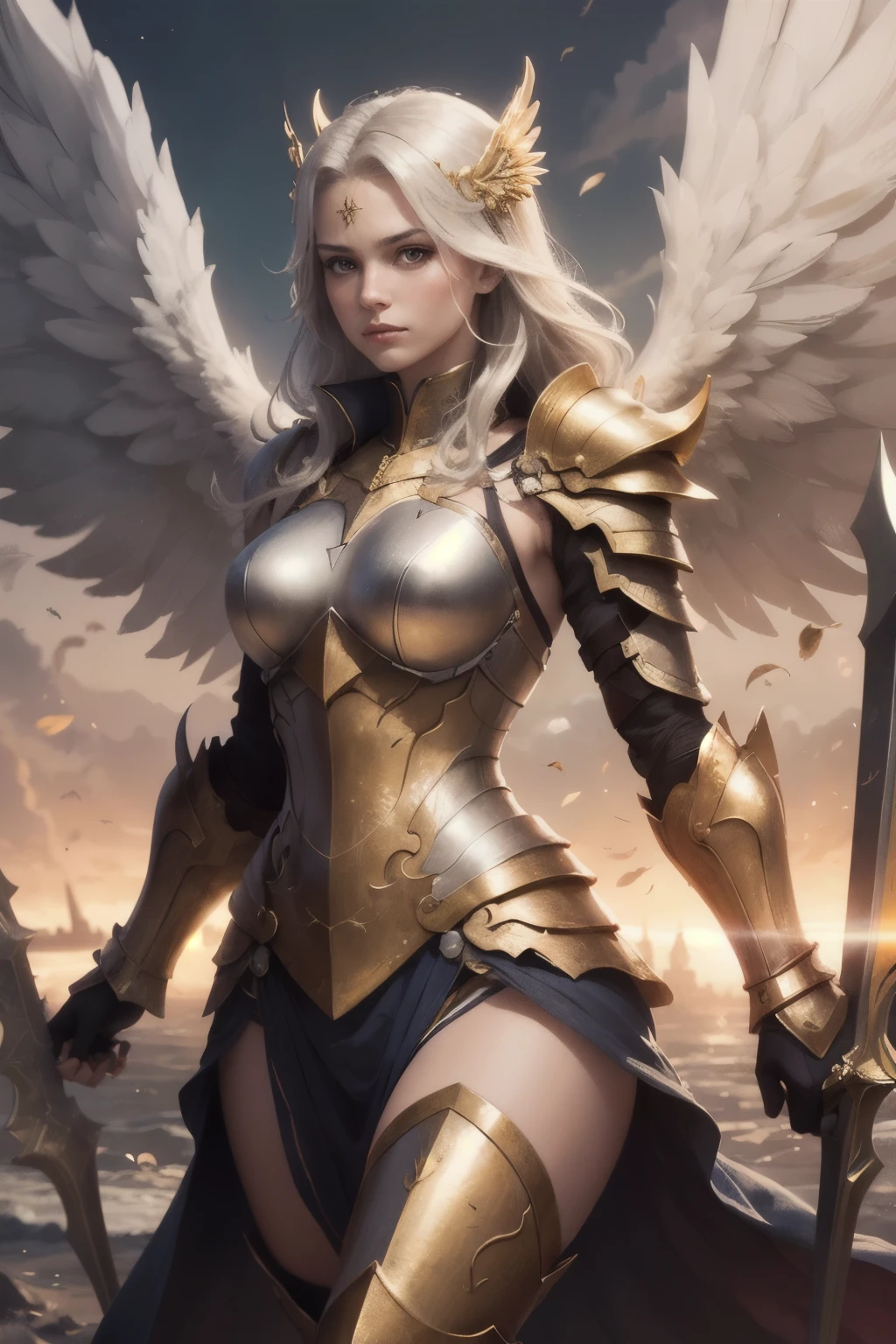 angel warrior, armor, long wings, strong, gold armor