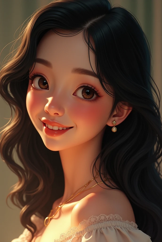 Smile, Black Hair, Delicate face, For the audience, masterpiece, best quality, Super Fine, Best shadow , Disney style, Optimal lighting , Movie Lighting , White skin tone
