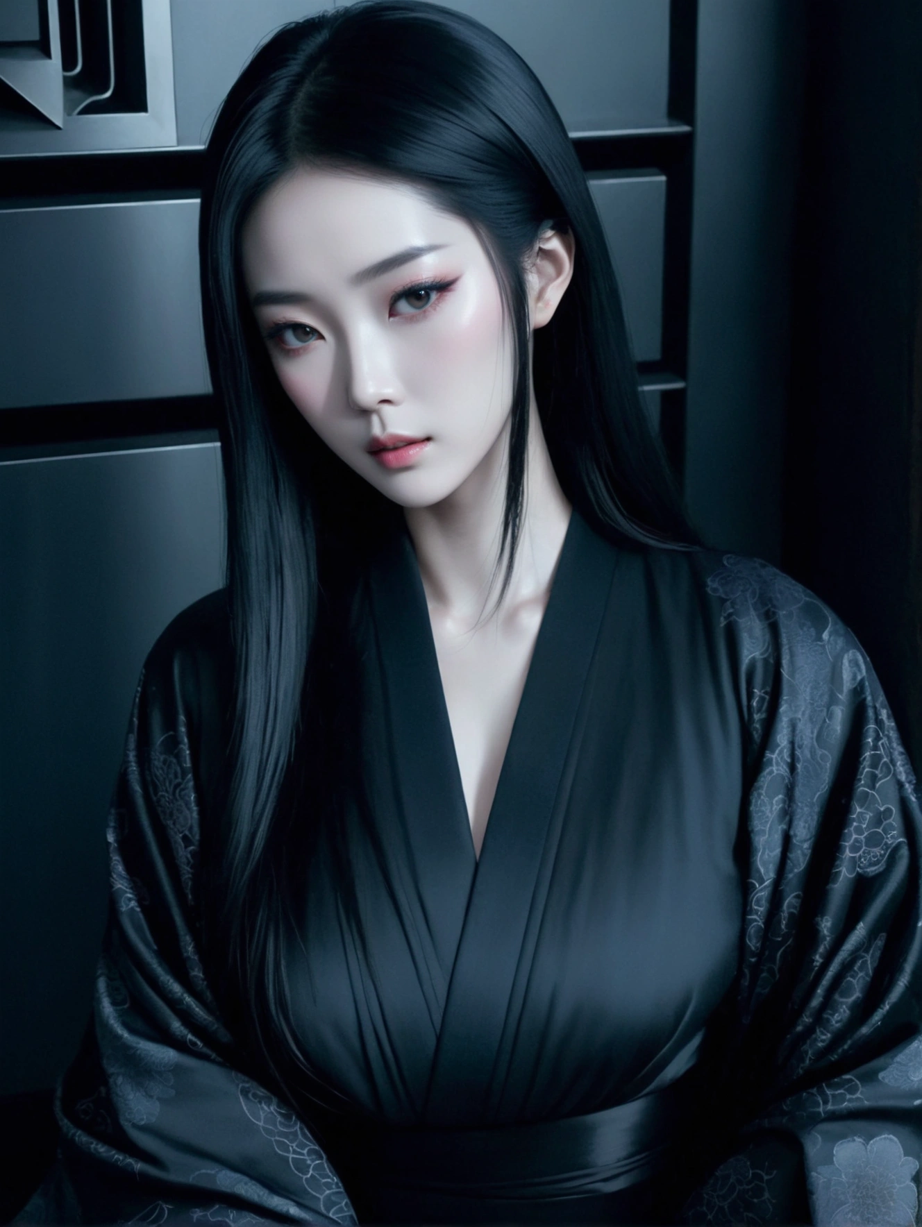 dark techno, cyberpunk,「Realistic image of a Asia Model She is elegant, pale, Perfect and long skin, Flowing black hair that blends with the surrounding shadows. Her kimono is exquisite and meticulous down to the last detail.., dark, Relaxing dark blue and black tones, Exquisitely decorated, Negative patterns that indicate a connection to the supernatural. 