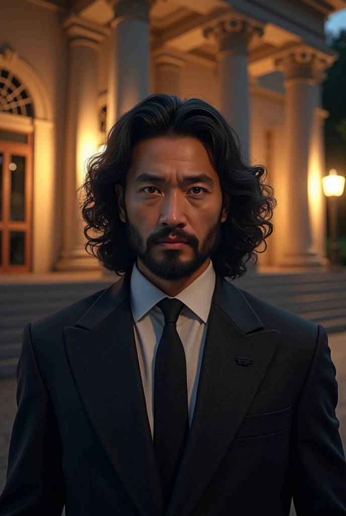 realism, suit, middle age asian man, long curly hair, black hair, black Beard, night, mae fah luang university