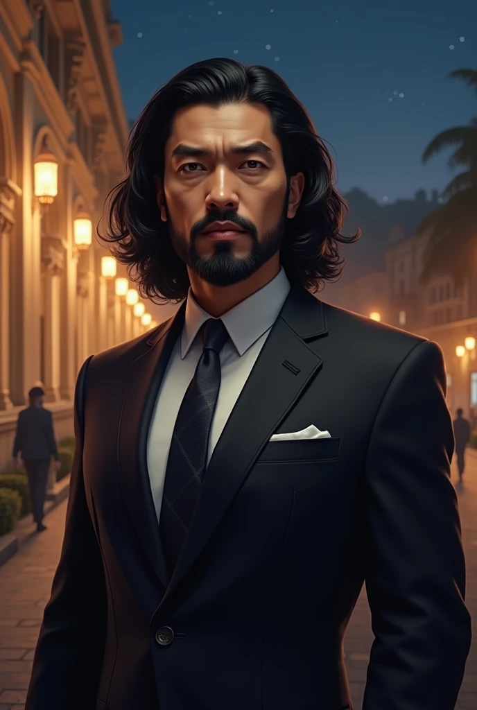 realism, suit, middle age asian man, long curly hair, black hair, black Beard, night, mae fah luang university