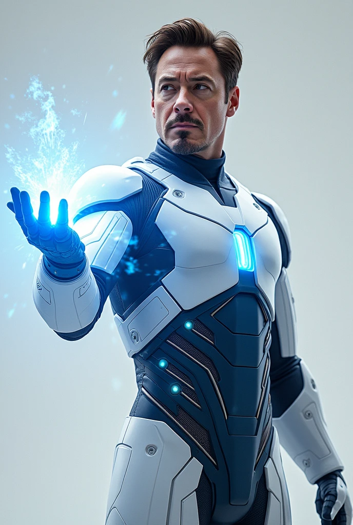 A lion with tech suit of white n blue colour in that suit blue radiation in coming out and change lion with a person and get him a helmet of blue colour change the character with person change the lion with Robert Downey jr open the helmet and give me pose of a firing shoot a energy blast from right hand
