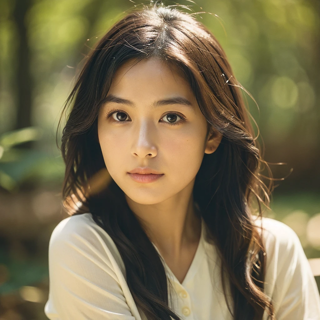 A hyper-realistic image of a single Japanese woman in her early 20s, captured with the nostalgic warmth and subtle graininess of a film camera. Her skin has a warm beige tone with a natural, slightly rough texture that includes visible pores, fine lines, and subtle imperfections such as small blemishes, adding to the authenticity of her appearance. The soft, diffused natural light enhances the film-like quality, casting gentle shadows that create a timeless, organic feel. Her straight, glossy black hair frames her face in a natural, slightly tousled manner, and her deep brown eyes reflect the ambient light, adding depth and emotion. The film camera effect introduces a slight grain and a softer focus, giving the image a warm, nostalgic atmosphere while maintaining the realistic texture of her skin. She is dressed simply, in a way that complements her natural beauty, with the overall composition designed to evoke a sense of genuine, understated elegance. The use of natural light, combined with the deliberately rougher texture of her skin and the film-like qualities, ensures that this image captures the imperfections that make her beauty truly lifelike, focusing solely on this one individual.