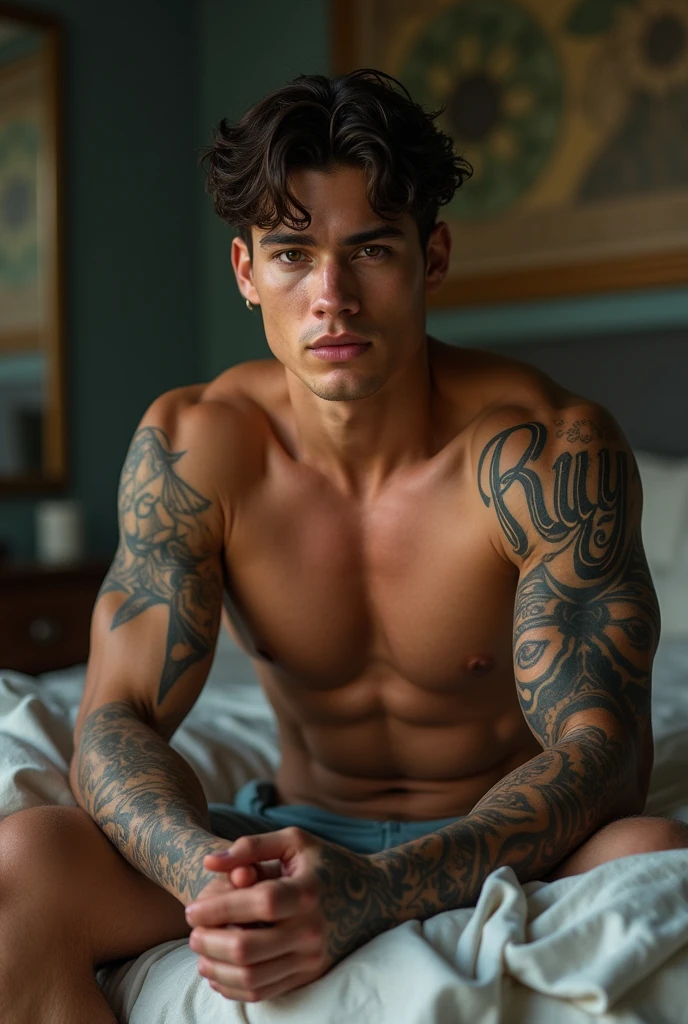 A young man AI high quality muscular tattoo name “ruy” and other tattoo fair skin tan light pink mouth with realistic bedroom background 