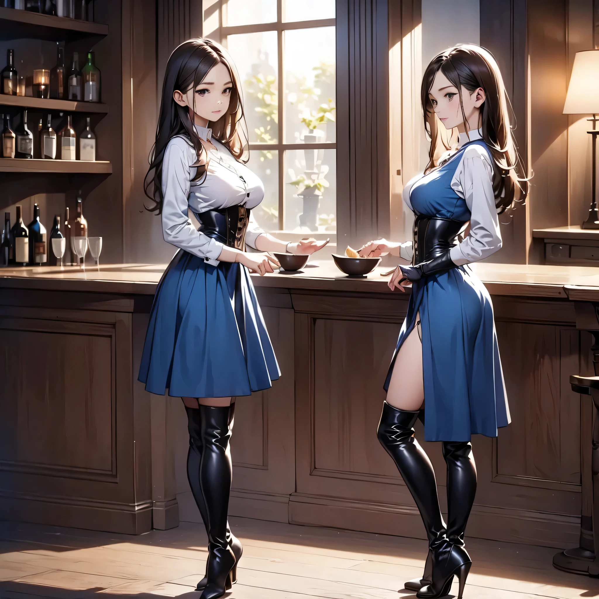 (masterpiece:1.3),(best quality, highest quality),((Full Body Shot,Including face)),1girl,Standing position,4K,masterpiece,((Focus on the face)),((Symmetrical facial features)),Beautiful woman,slender,Beautiful feet,((Thigh-high boots)),Detailed depiction of the face,bar counter,uniform,Realistic,profile,Corset standing diagonally,Long skirt,Blue Dress
