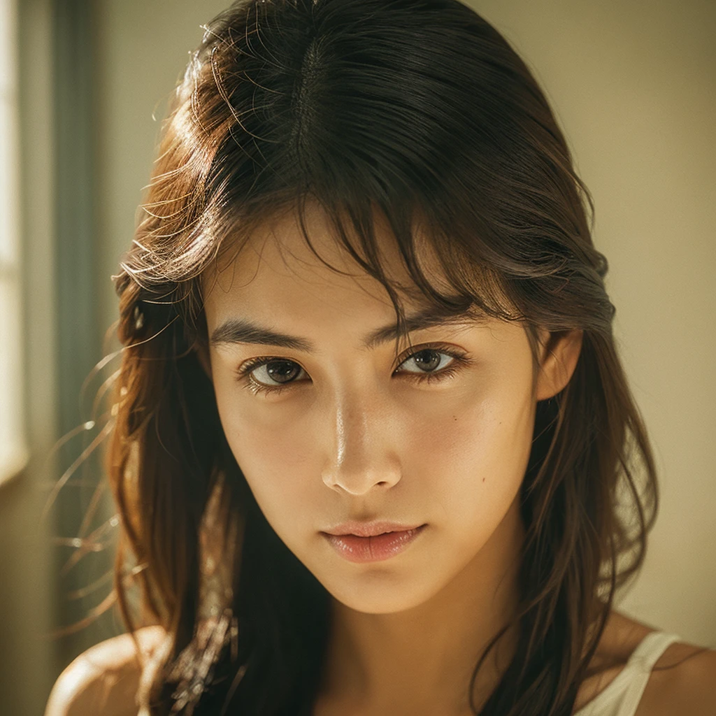 A hyper-realistic image of a single Japanese woman in her early 20s, captured with the nostalgic warmth and subtle graininess of a film camera. Her skin has a warm beige tone with a natural, slightly rough texture that includes visible pores, fine lines, and subtle imperfections such as small blemishes, adding to the authenticity of her appearance. The soft, diffused natural light enhances the film-like quality, casting gentle shadows that create a timeless, organic feel. Her straight, glossy black hair frames her face in a natural, slightly tousled manner, and her deep brown eyes reflect the ambient light, adding depth and emotion. The film camera effect introduces a slight grain and a softer focus, giving the image a warm, nostalgic atmosphere while maintaining the realistic texture of her skin. She is dressed simply, in a way that complements her natural beauty, with the overall composition designed to evoke a sense of genuine, understated elegance. The use of natural light, combined with the deliberately rougher texture of her skin and the film-like qualities, ensures that this image captures the imperfections that make her beauty truly lifelike, focusing solely on this one individual.