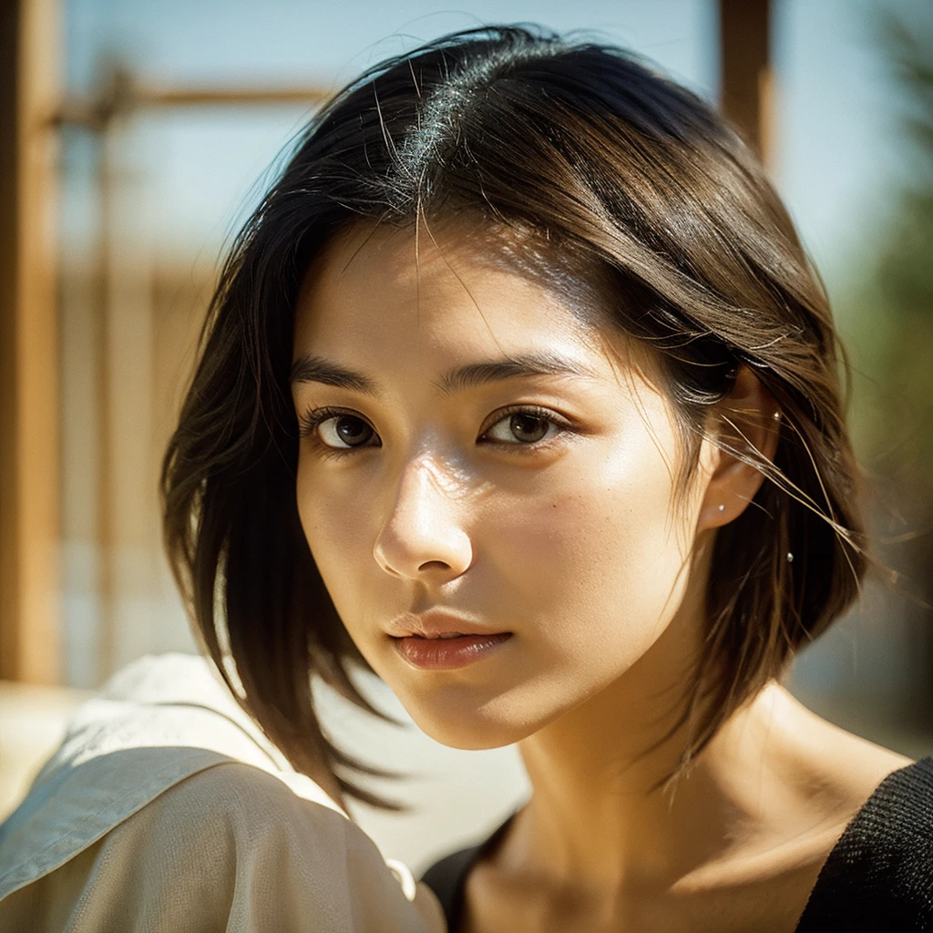 A hyper-realistic image of a single Japanese woman in her early 20s, captured with the nostalgic warmth and subtle graininess of a film camera. Her skin has a warm beige tone with a natural, slightly rough texture that includes visible pores, fine lines, and subtle imperfections such as small blemishes, adding to the authenticity of her appearance. The soft, diffused natural light enhances the film-like quality, casting gentle shadows that create a timeless, organic feel. Her straight, glossy black hair frames her face in a natural, slightly tousled manner, and her deep brown eyes reflect the ambient light, adding depth and emotion. The film camera effect introduces a slight grain and a softer focus, giving the image a warm, nostalgic atmosphere while maintaining the realistic texture of her skin. She is dressed simply, in a way that complements her natural beauty, with the overall composition designed to evoke a sense of genuine, understated elegance. The use of natural light, combined with the deliberately rougher texture of her skin and the film-like qualities, ensures that this image captures the imperfections that make her beauty truly lifelike, focusing solely on this one individual.