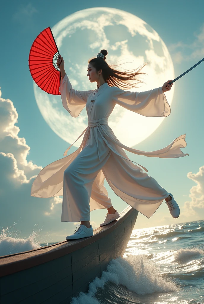 (masterpiece, best quality, beauty, best ratio, best shadows,best Illustration)
uhd,china female kungfu, korean beauty like tae yon, dancing, full face and posture fully visible, shining red eyes, windblown hair, wear white chong sam and traditional tai chi shoe, hoody,hand holding red chinese leaf fan and long sword,on the bow of the ship.bright sky and cloud seen on far away. use the RenderMan renderer.digital art. High definition, high contrast,high color saturation,128k,cinematic lighting, intricate,cinematic advertising photograph,cinema lens,high res.
Samsung Wallpaper size 1080×2400 pixels