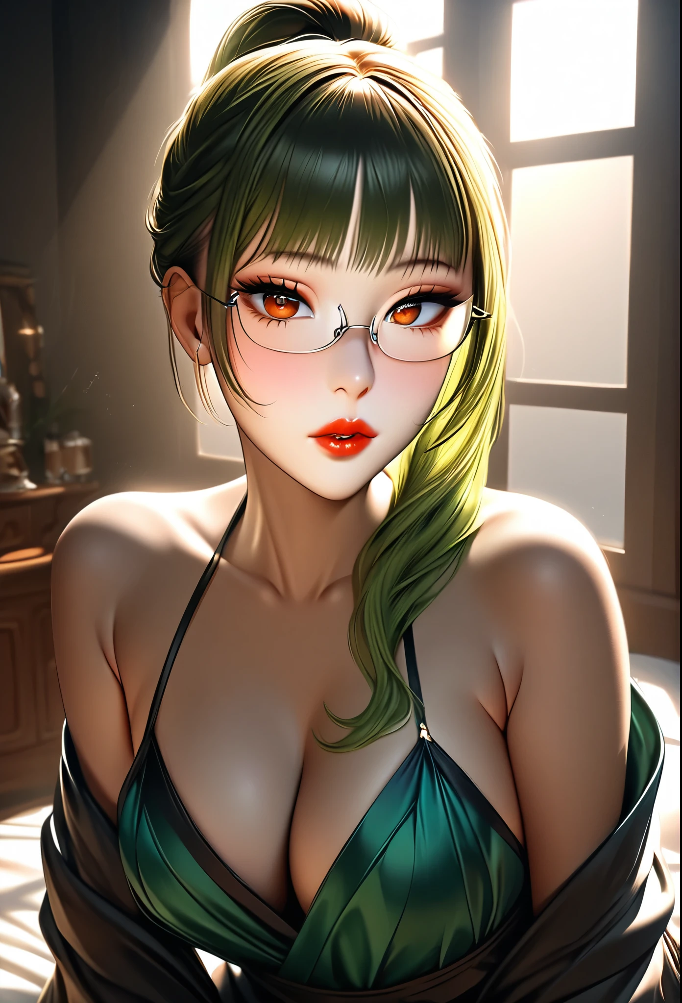 1girl, elegant erotic beautiful girl, ((long green hair with pony tail and straight bangs)), detailed face portrait, glasses, maxi dress, adultery, indecent, vulgar, (best quality,4k,8k,highres,masterpiece:1.2),ultra-detailed,(realistic,photorealistic,photo-realistic:1.37),intricate details, delicate facial features, beautiful amber eyes, ulzzang, long eyelashes, small nose, full lips, porcelain skin, natural lighting, warm color palette, chiaroscuro lighting, dramatic shadows, sensual, alluring, mature themes, artistic, dreamlike, ethereal, sideboob, cleavage, looking at viewer, ulzzang, (amber eyes), (close up face portrait),