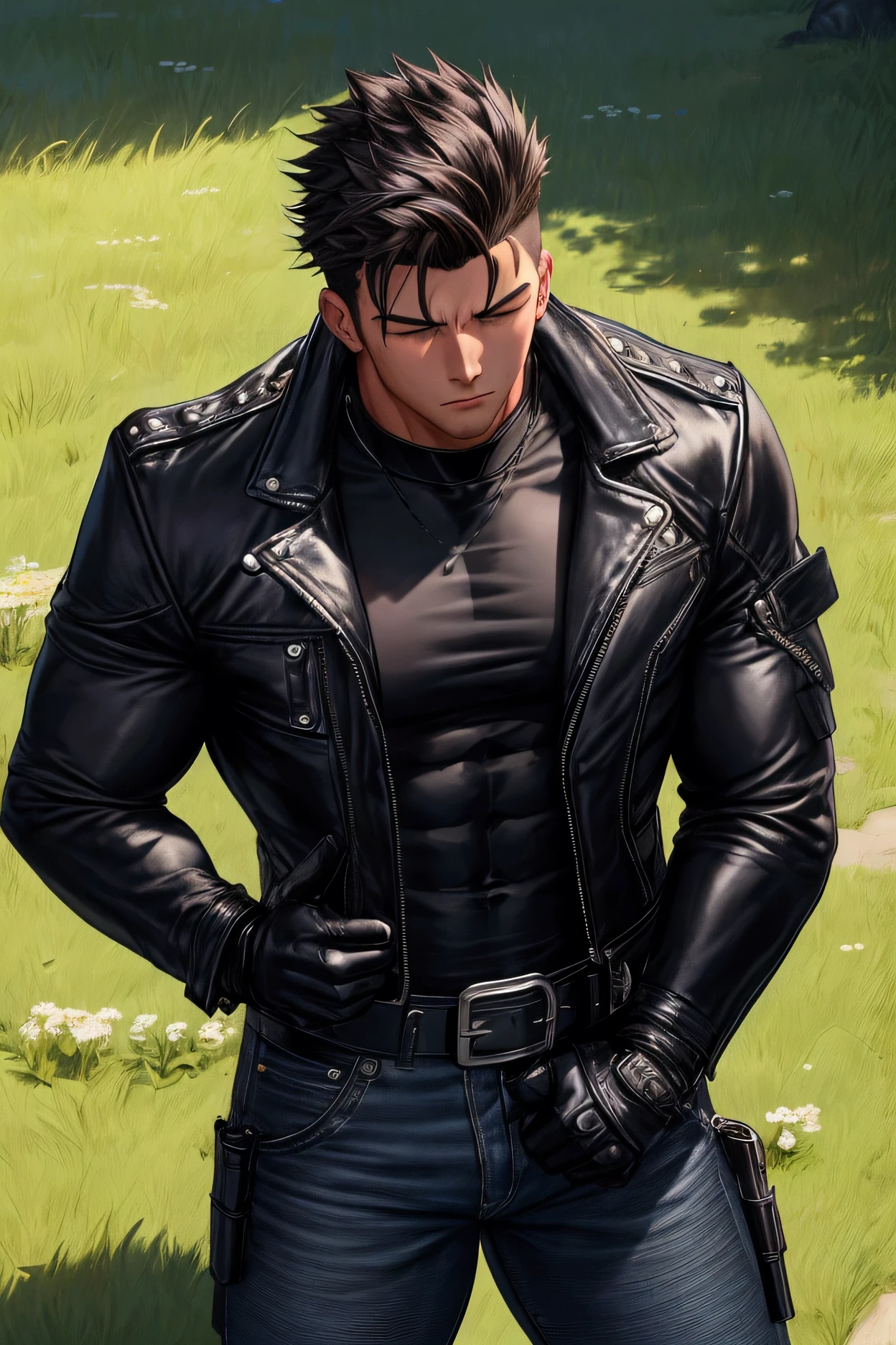 A muscular young man , wearing a white round-neck shirt and a black leather jacket over it, wearing blue jeans, black motorcycle gloves, a black belt, and black combat boots and a holster strap for a handgun on his thigh , sleeping arms crossed, on a meadow . Anime.