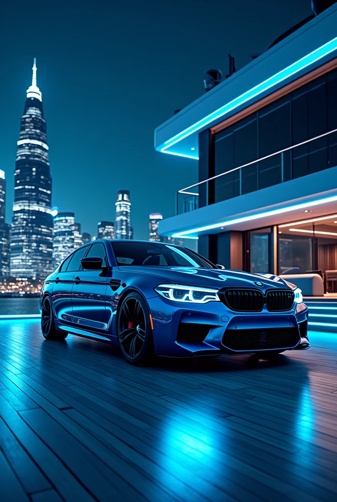 bmw m5 f90 on deck of a luxury yacht at night with high sky scrapers in the background, and blue neon light