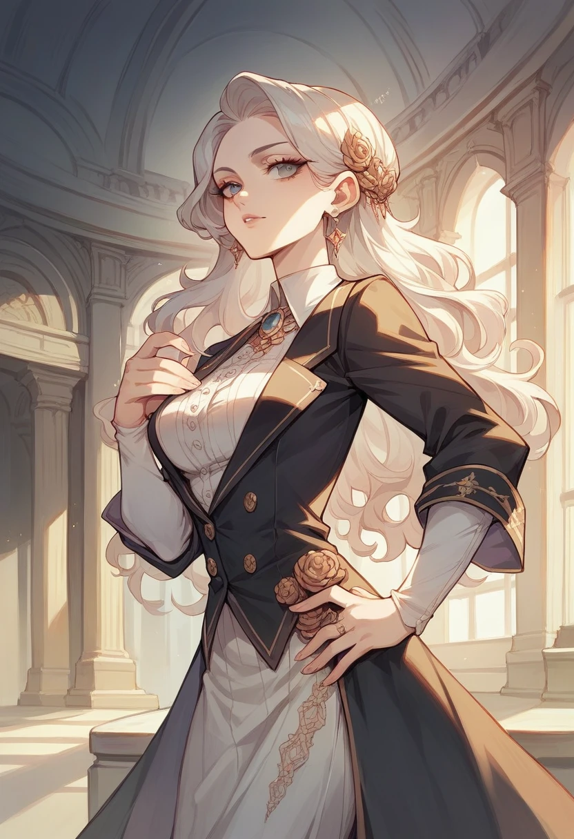 Image of an extremely beautiful woman, who walks with great self-confidence. She has an extremely attractive body. She is wearing a fitted black tuxedo that shows off her beautiful figure. She walks alone inside a beautiful, baroque old building with white marble floors.