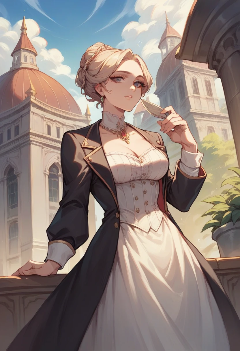 Image of an extremely beautiful woman, who walks with great self-confidence. She has an extremely attractive body. She is wearing a fitted black tuxedo that shows off her beautiful figure. She walks alone inside a beautiful, baroque old building with white marble floors.