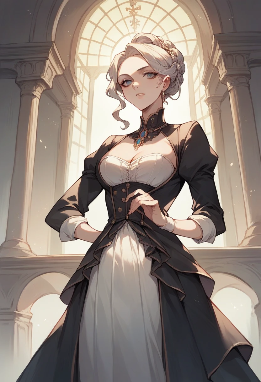 Image of an extremely beautiful woman, who walks with great self-confidence. She has an extremely attractive body. She is wearing a fitted black tuxedo that shows off her beautiful figure. She walks alone inside a beautiful, baroque old building with white marble floors.