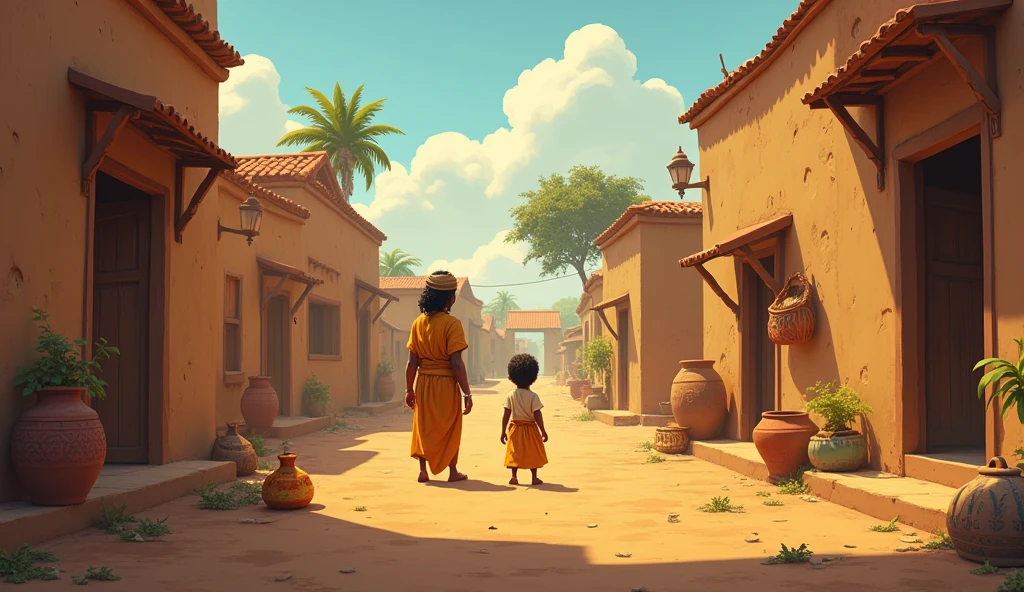 In cinematic 2d cartoon style log shot indian village Here are 20 detailed image prompts capturing key scenes from the "Jadui Ghada" (Magical Pot) story:
1. A poor farmer named Ram, dressed in tattered clothes, discovers an old, golden pot while digging in his field, surrounded by dry crops and dusty soil.
2. A close-up of the pot, showing intricate carvings and glowing faintly under the sunlight, as the farmer curiously examines it.
3. The farmer excitedly brings the pot home to his simple, mud-brick house, where his wife looks at it skeptically.
4. The farmer’s son accidentally drops a spoon into the pot, and moments later, two identical spoons pop out, glowing with a magical aura.
5. A wide shot of the farmer and his wife staring in shock as the pot doubles the household items they place inside it, including food, clothes, and money.
6. The farmer joyfully holding a pile of grain and new clothes that have multiplied from the pot, with his family smiling in the background.
7. The family’s once-empty home now filled with plenty of food, shining gold coins, and new furniture, all thanks to the magical pot.
8. The farmer’s wife looking worried as she sees her husband become greedier, wanting more wealth and luxurious items.
9. A darkened room with the farmer gazing hungrily at gold jewelry, preparing to throw it into the pot to double his riches.
10. The farmer, eyes wide with greed, trying to climb into the pot himself, hoping to double his entire self.
11. The pot shaking violently as two identical versions of the farmer emerge, both looking confused and hostile.
12. The two farmers, dressed identically, angrily fighting and pushing each other, causing chaos inside the house.
13. The farmer’s wife, in despair, decides to end the trouble by taking the magical pot to the village pond.
14. The wife tossing the glowing pot into the deep, still water, with ripples spreading as the pot slowly sinks.
15. The pond reflecting the moonlight as the pot d