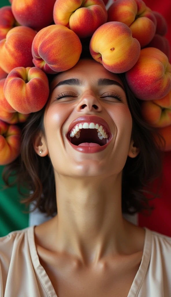 1 beautiful Iranian woman in her 30s, fully clothed。Facing forward、Open your mouth wide、Biting into a peach。The expression is、Ecstatic expression、I feel a strong sense of ecstasy。With a smile、Both eyes are open。The head is peeled、Covered in several real peaches。There are a lot of peaches on and around the head.。The skin is、Hidden by clothes、Light clothing。There are peaches all around。Covered in peaches。Fully clothed。No tattoos。The background is in the colors of the Iranian flag.