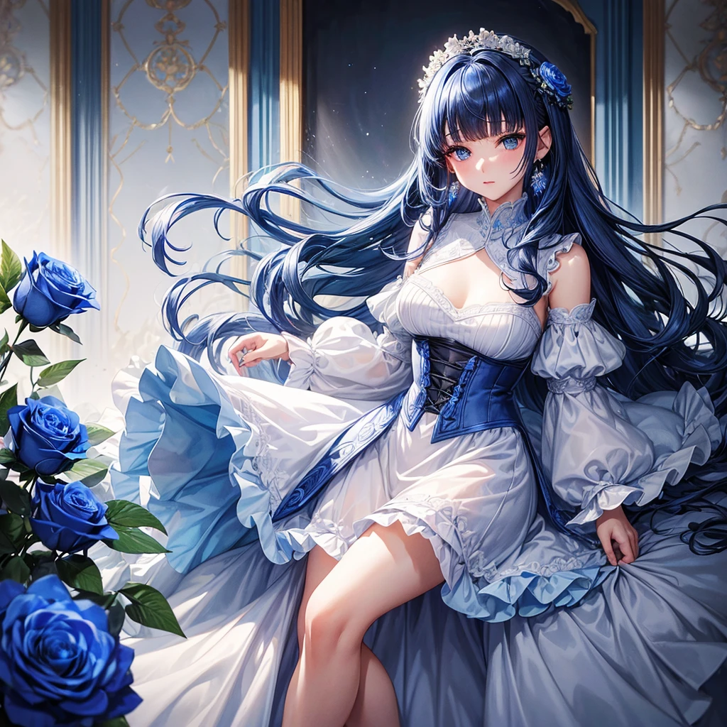 ((Highest quality)),(Ultra-high resolution),Flared skirt dress,High neck、The dress is made of blue roses、Highly detailed CG Unity 8k wallpaper, , Earrings, Blue hair, Curly Hair, Blunt bangs, Straight bangs, Blue eyes, White skin, Gal, Improve、Her flat chest is hidden by her dress