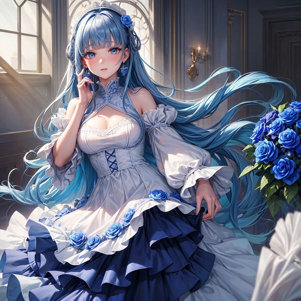 ((Highest quality)),(Ultra-high resolution),Flared skirt dress,High neck、The dress is made of blue roses、Highly detailed CG Unity 8k wallpaper, , Earrings, Blue hair, Curly Hair, Blunt bangs, Straight bangs, Blue eyes, White skin, Gal, Improve、Her flat chest is hidden by her dress