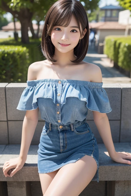 idol, One girl, Japanese, Middle school students, prety, Sparkling eyes, No body hair, Thin legs, Attention to detail, Highest quality, High resolution, bobbed hair, short bob, off shoulder dress, denim skirt, over knee socks, leaning forward, smile, windy, Anatomically correct, Textured skin, high quality, high quality, high details, best quality, highres, super detail, accurate, high details, best quality, highres, super detail, accurate