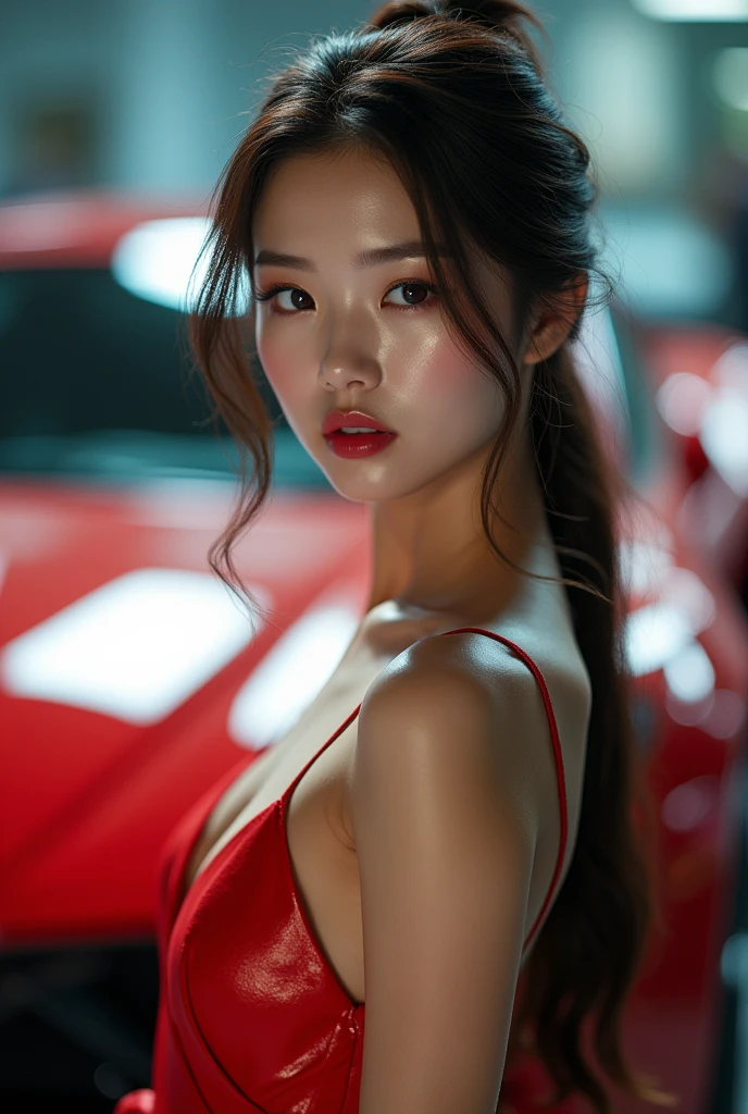 (Best quality,4K,8K,A high resolution,Masterpiece:1.2),Ultra-detailed,(Realistic,Photorealistic,photo-realistic:1.37),Car model,korean beautifull girl,mesmerizing looks,stunning features,Perfectly styled hair,Beautiful eyes with long eyelashes,Full and luscious lips,Flawless complexion,slim and toned body,Wear a stylish and elegant dress,Show yourself confidently in front of a luxury sports car,The brilliant lights highlight her beauty,Bright colors enhance the overall image,Studio setup with professional photography techniques,Showcasing the perfect combination of beauty and automotive craftsmanship.