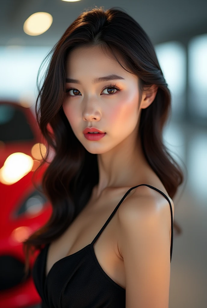(Best quality,4K,8K,A high resolution,Masterpiece:1.2),Ultra-detailed,(Realistic,Photorealistic,photo-realistic:1.37),Car model,korean beautifull girl,mesmerizing looks,stunning features,Perfectly styled hair,Beautiful eyes with long eyelashes,Full and luscious lips,Flawless complexion,slim and toned body,Wear a stylish and elegant dress,Show yourself confidently in front of a luxury sports car,The brilliant lights highlight her beauty,Bright colors enhance the overall image,Studio setup with professional photography techniques,Showcasing the perfect combination of beauty and automotive craftsmanship.