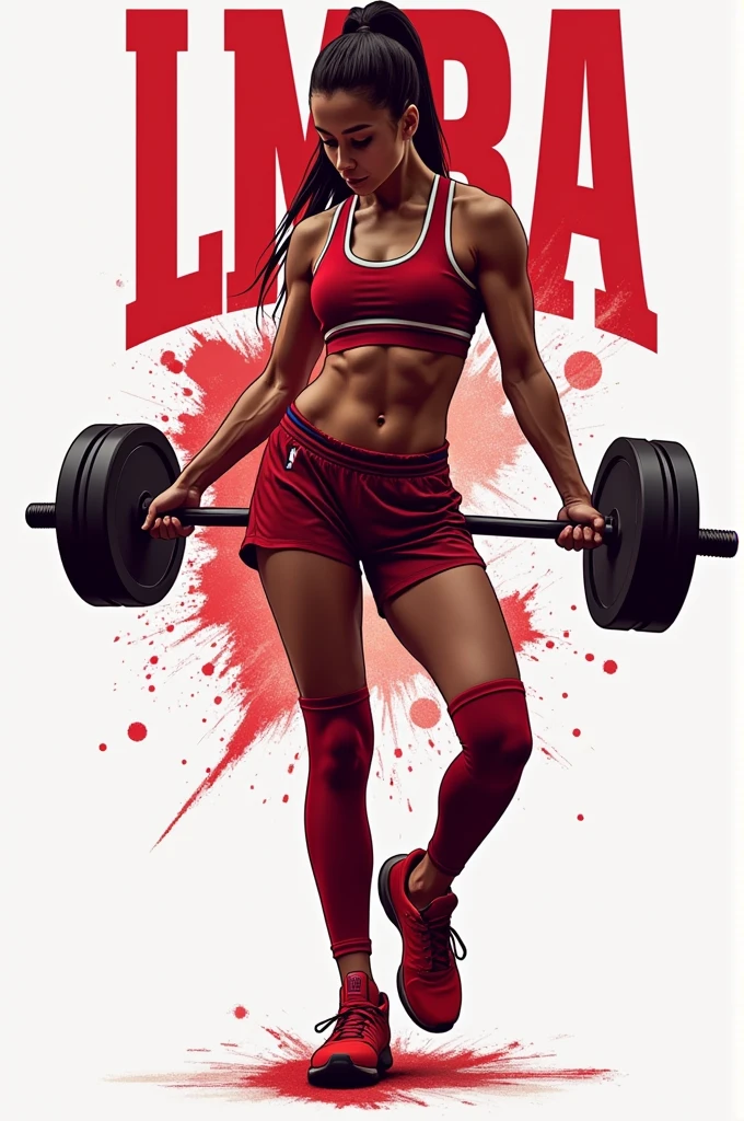 Logo for a sporting goods store called LMBA in white and red colors with an athlete behind it similar to the NBA with a woman holding a gym weight