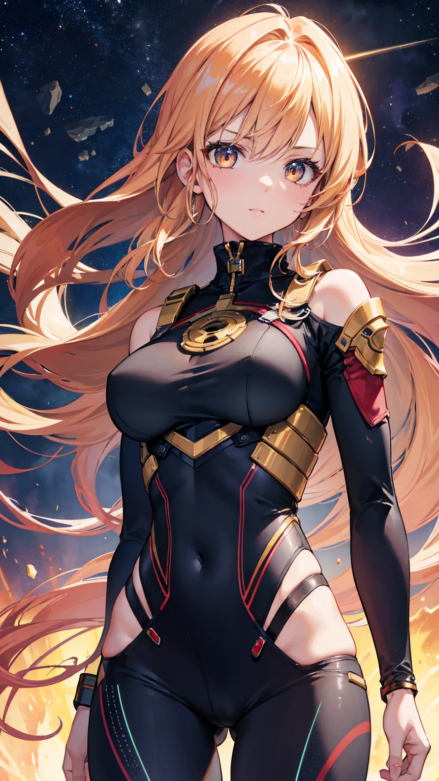 8k, best quality, (lifelike:1.4), original photo, 1 girl, Zygerrian hair, energy whip, space pirate attire, posture: leading raid on cargo freighter, calculating golden eyes