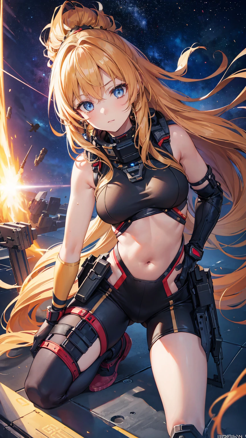 8k, best quality, (lifelike:1.4), original photo, 1 girl, Zygerrian hair, energy whip, space pirate attire, posture: leading raid on cargo freighter, calculating golden eyes