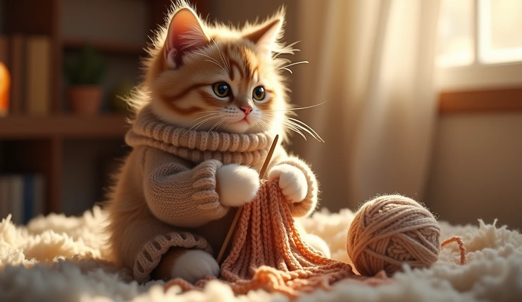 a cat knitting and weaving a sweater, cute cat in a sweater, cat wearing knitted sweater, cat with knitting needles, cat sitting and knitting, adorable cat knitting, cat weaving yarn into a sweater, cat in a cozy knitted outfit, cat crafting and sewing a sweater, cat with knitted accessories, photorealistic, 8k, highly detailed, realistic, award winning, beautiful warm colors, soft lighting, studio lighting, delicate intricate details, masterpiece