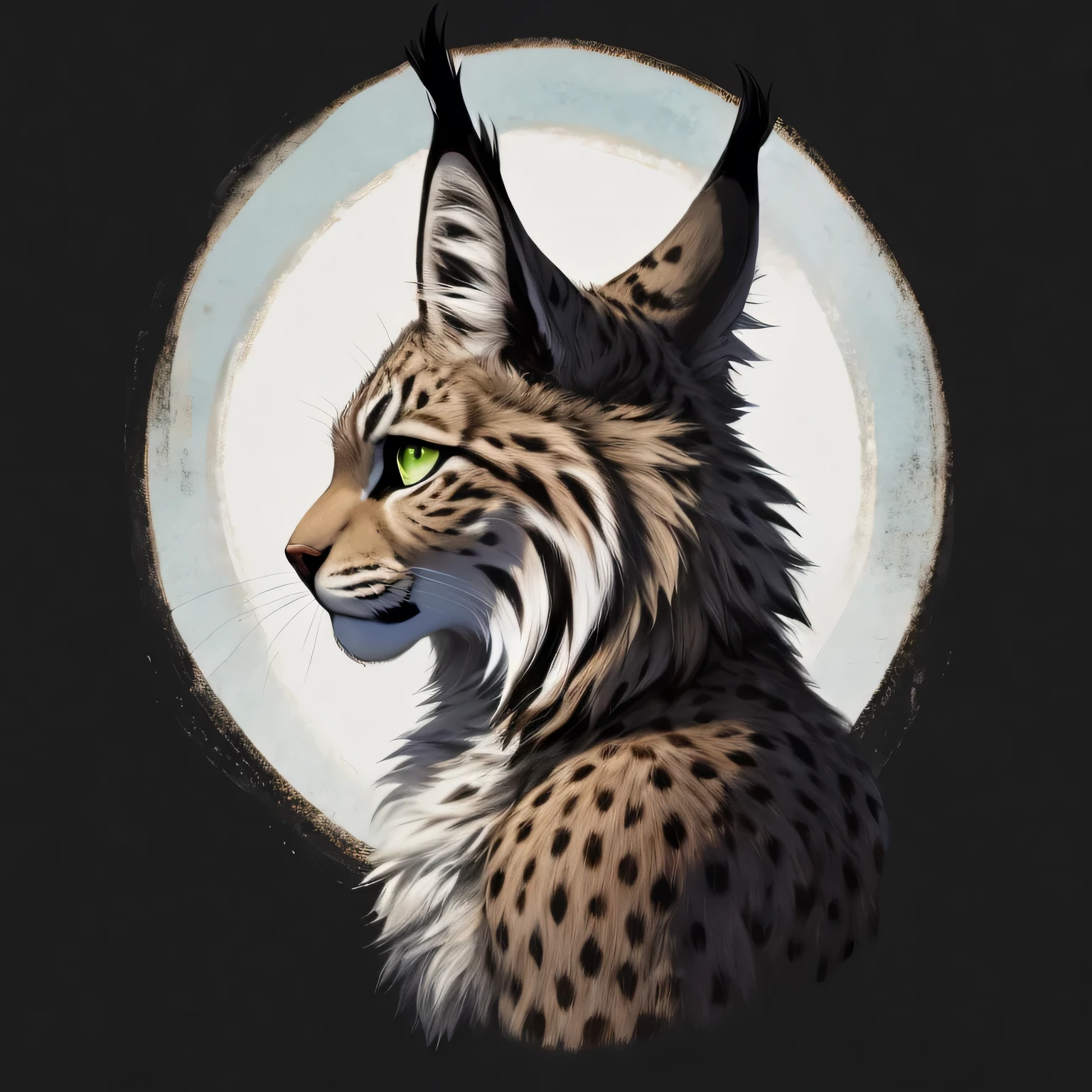 On a black background, create a vivid image of a minimalist lynx with a stylized silhouette and pointed ears. The lynx is surrounded by simple Nordic elements in tones such as light gray, pure white, and grayish wood. Use details in soft green and deep blue to capture the lynx's essence in a refined style. This design should capture the precision and detail of an 8k resolution, focusing on simplicity and elegance.