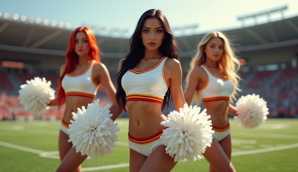 ultra realistic, photography, three hot girls: one with long straight red hair, (30 years old, hourglass figure, perfect body, natural medium breasts), the second one: long black straight hair, (30 years old, hourglass figure, perfect fit body, natural big breasts), the third one with long straight blonde hair, (wavy elegant hair, blue eyes, perfect round lips, 30 years old, gorgeous face, voluptuous figure, perfect fit body, big enhanced breasts), they have perfect round cleavage, great cleavage, they are cheerleaders in red and white skimpy short uniforms on a footballfield, they have white pompoms in their hands and are doing sexy cheerleading