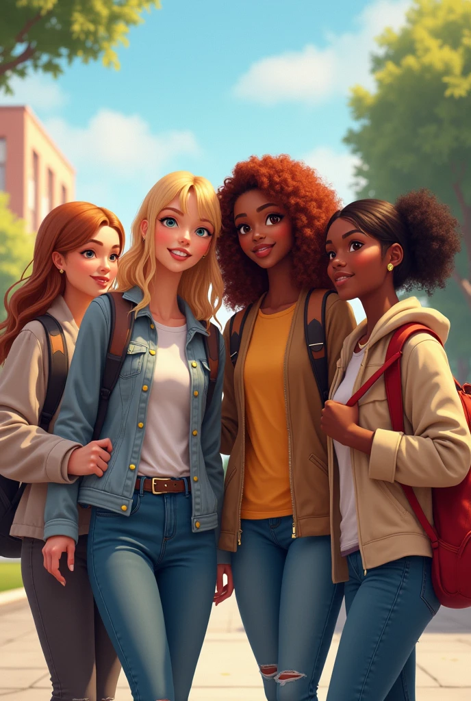 A group of 4 girls(a blond,a brunette,a redhead,and a black woman)all students