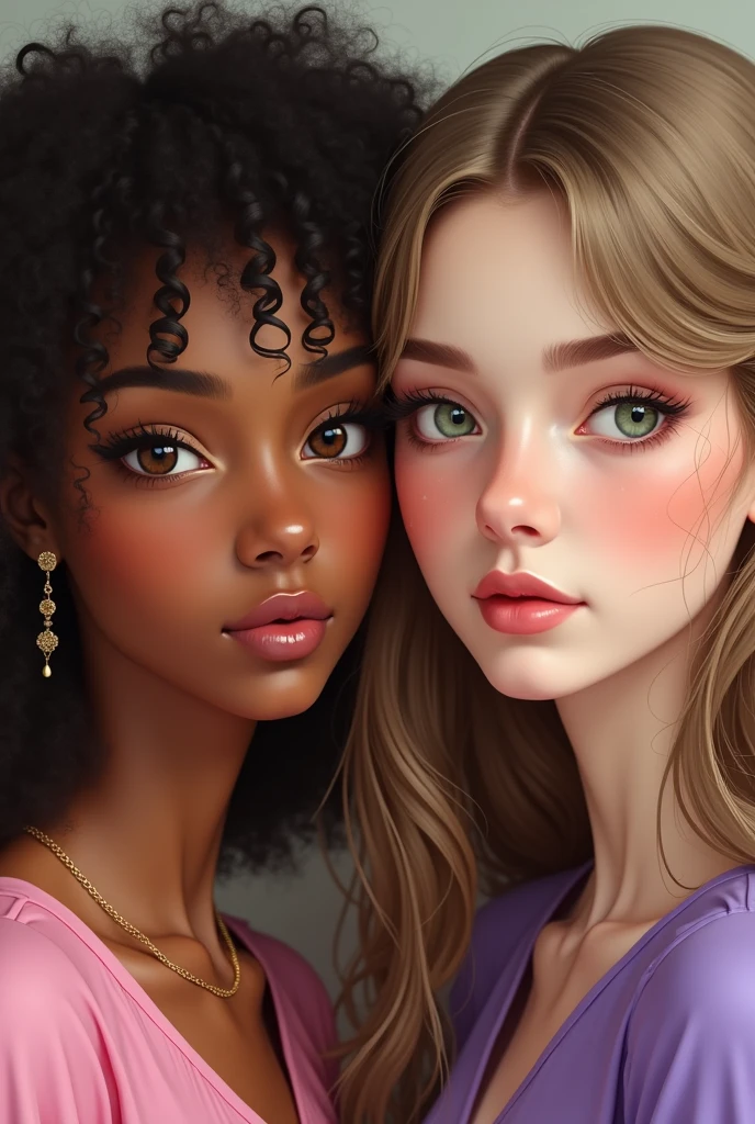 twogirls, a tall brown girl, with light and medium brown curly hair, brown eyes and using lip gloss, with a golden necklace, wearing a pink blouse, the other white, with long dark blonde wavy hair, com olhos verdes claros, wearing an earring, wearing a purple blouse