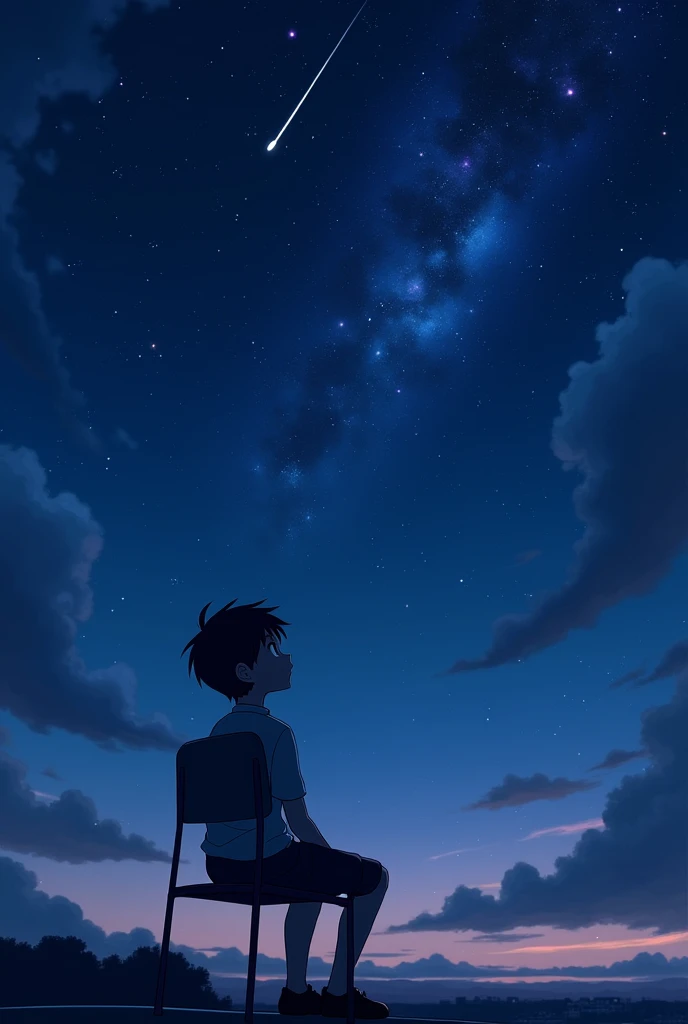 A boy sitting in a chair in roof watching the beutiful view of the stars. Low camera angle, Anime type, High quality, beutiful stars, one meteor falling, boys side and back view.
