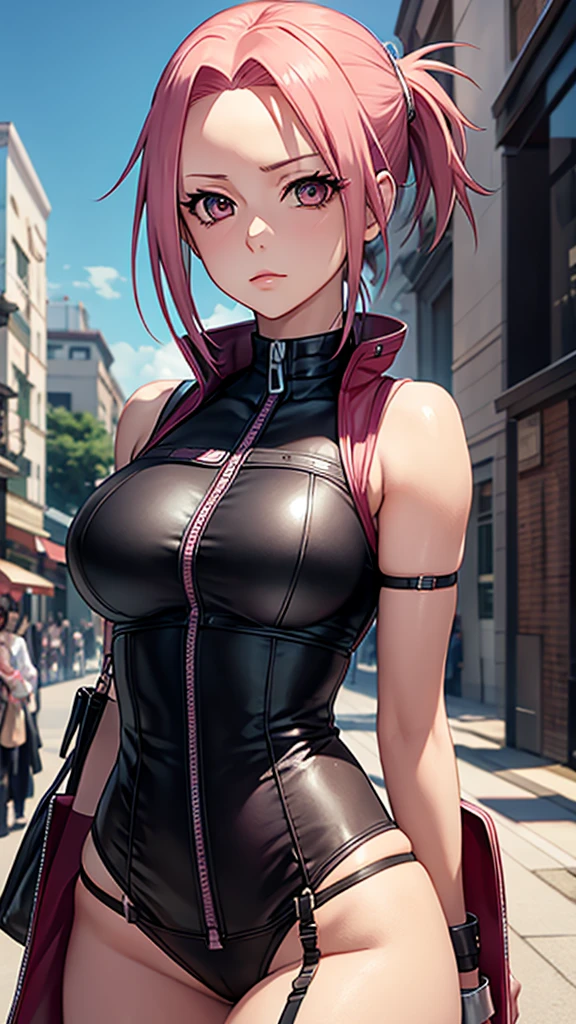 Sakura Haruno from anime Naruto in an elegant corset leotard with a zipper