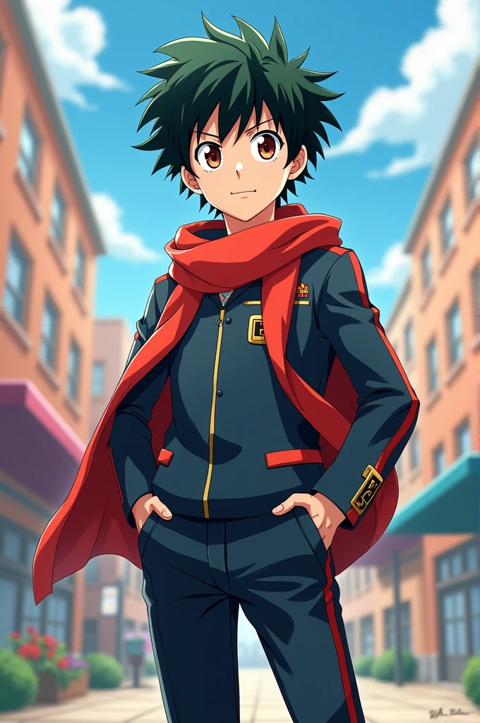 *The image depicts Enzo, a 1 boy from the anime series My Hero Academia, standing in a UA uniform. He is portrayed as having short, black shaggy hair, brown eyes, milky white skin, and a relatively short stature of 5'5". Although it is not explicitly stated, the description implies that he has a slim and athletic appearance, often referred to as a "twink" build.*