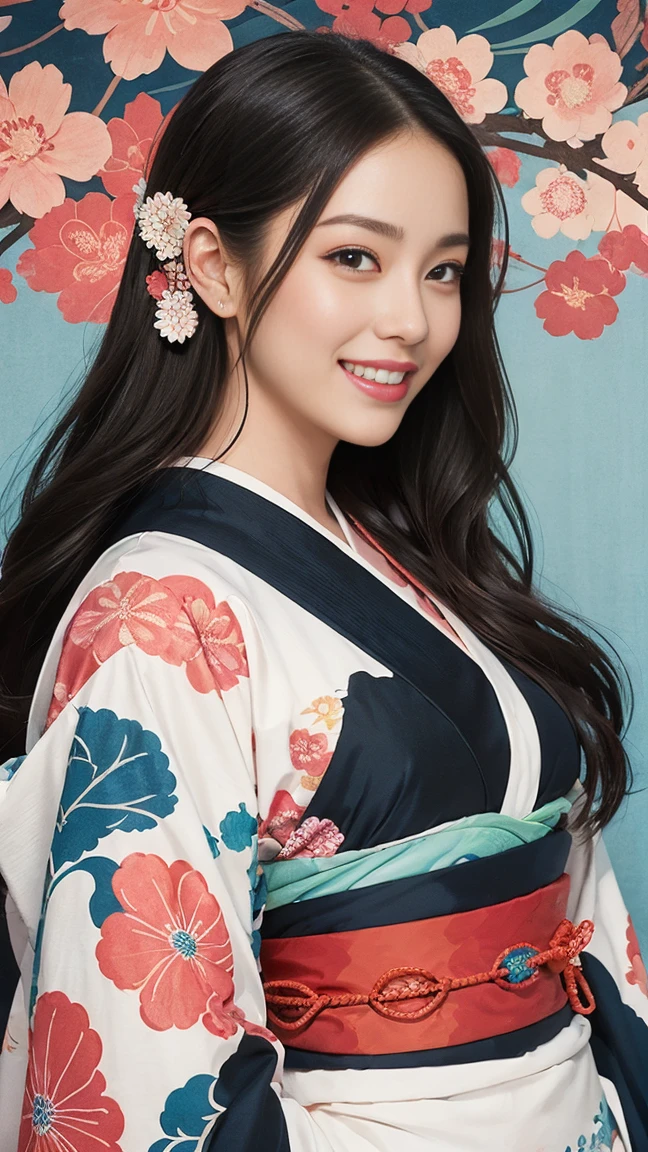 (SeaArt creates stunning illustrations of beautiful women in kimono)、Vividly colored Japanese Ukiyo-e style illustrations、A beautiful woman smiles and shows her upper white teeth、Brown-black long hair、Beautiful full body style、If you want to dance, let's dance, Tokyo Ondo, Yoi Yoi、Beautiful new digital paintings,、Bright vibrant digital anime art、 Beautiful anime portraits、background,Torii gate front of Japanese shrine、 Detailed digital anime art、