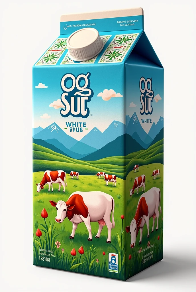 Tetra Pak milk packaging design , in Uzbekistan , with cows , mountains , name OQ SUT
