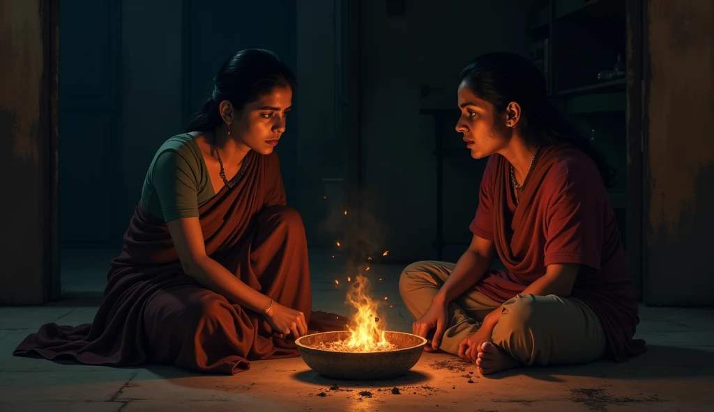 A dimly lit room inside the house at night, Rahul and Savita sitting close to a small fire in a metal brazier, looking tense.