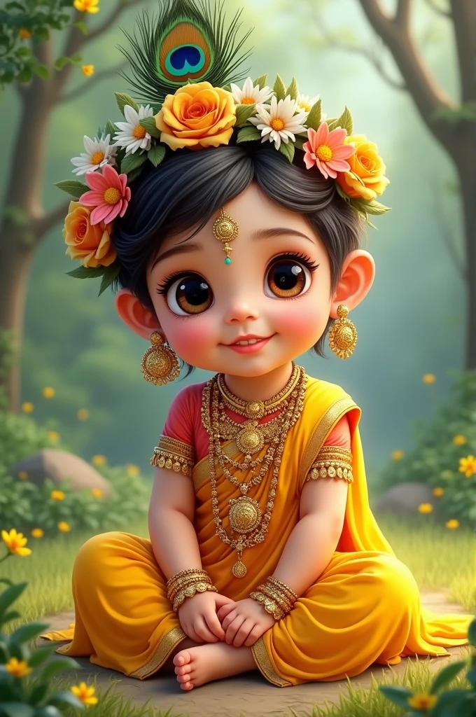  detailed digital illustration of a  girl, depicted with fair skin and adorned with traditional jewelry and accessories. Yellow traditional dress, The subject has large, expressive eyes, a small nose, and a small smile. The baby girl iaring a peacock feather crown, floral garlands, and multiple gold necklaces. Sitting on grass ground, The background is a lush, green natural setting, adding to the divine and serene atmosphere.