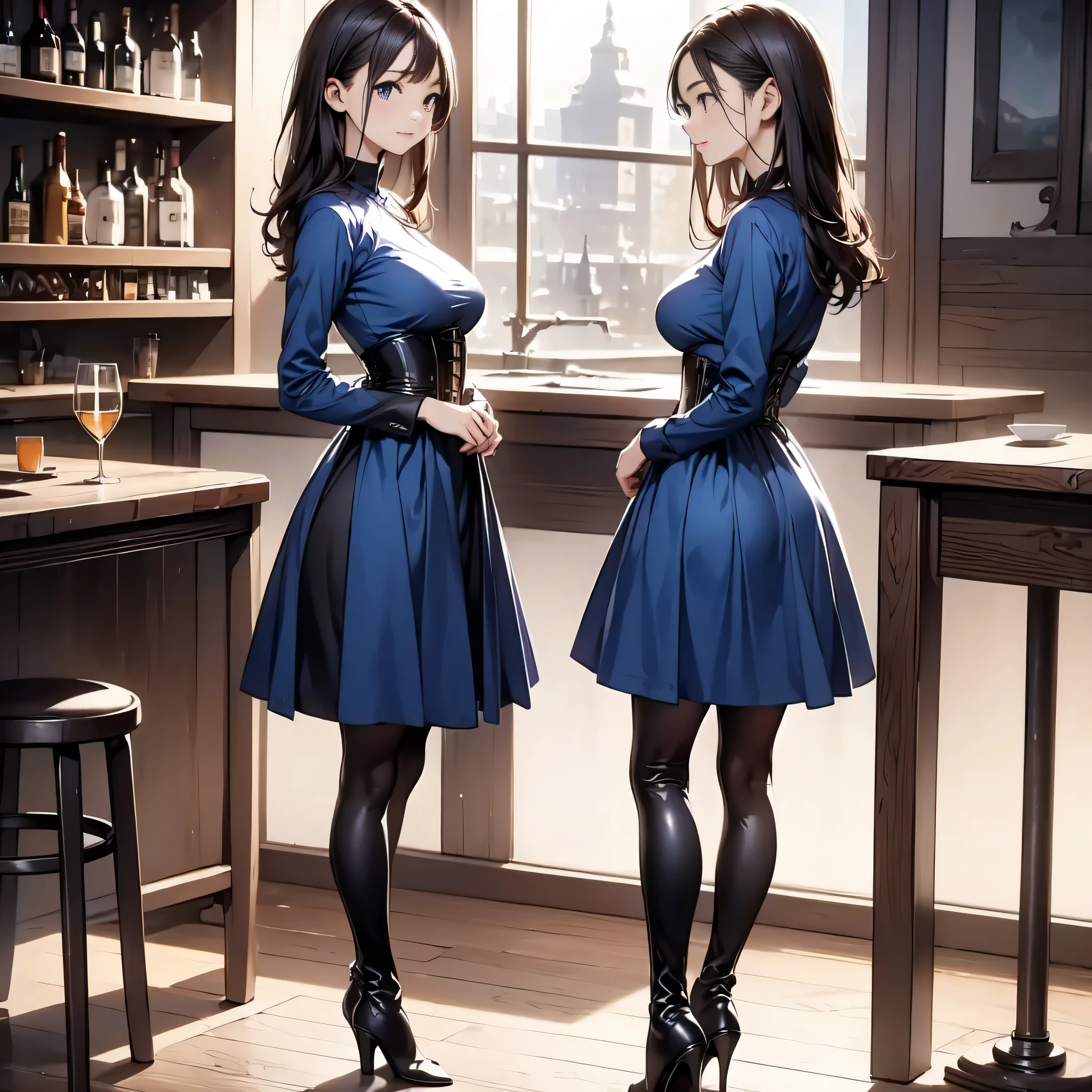 (masterpiece:1.3),(best quality, highest quality),((Full Body Shot,Including face)),1girl,Standing position,4K,masterpiece,((Focus on the face)),((Symmetrical facial features)),Beautiful woman,slender,Beautiful feet,((Thigh-high boots)),Detailed depiction of the face,bar counter,uniform,Realistic,profile,Corset standing diagonally,Long skirt,Blue Dress
