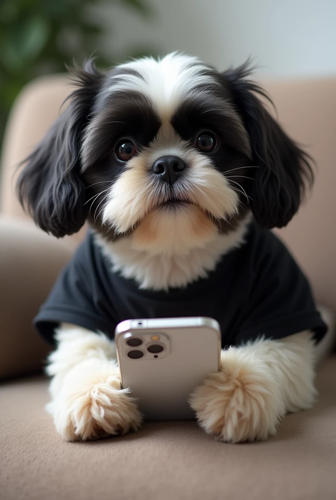 create a realistic photo of a slightly smiling shitzu dog with a black t-shirt, sitting on the couch looking at the white iphone 15 pro max cell phone in his hands. show him full body