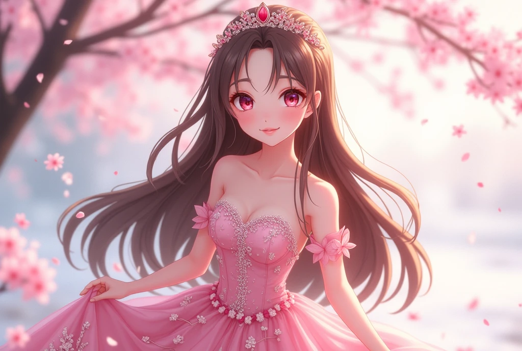 Long Hair, Brown Hair, Shiny Hair, Diagonal bangs, Large Breasts, smile, Pink eyes, smiling, Droopy eyes, ribbon, anime, One person, Princess,daughter,Neat pink wedding dress with cherry blossoms,snow