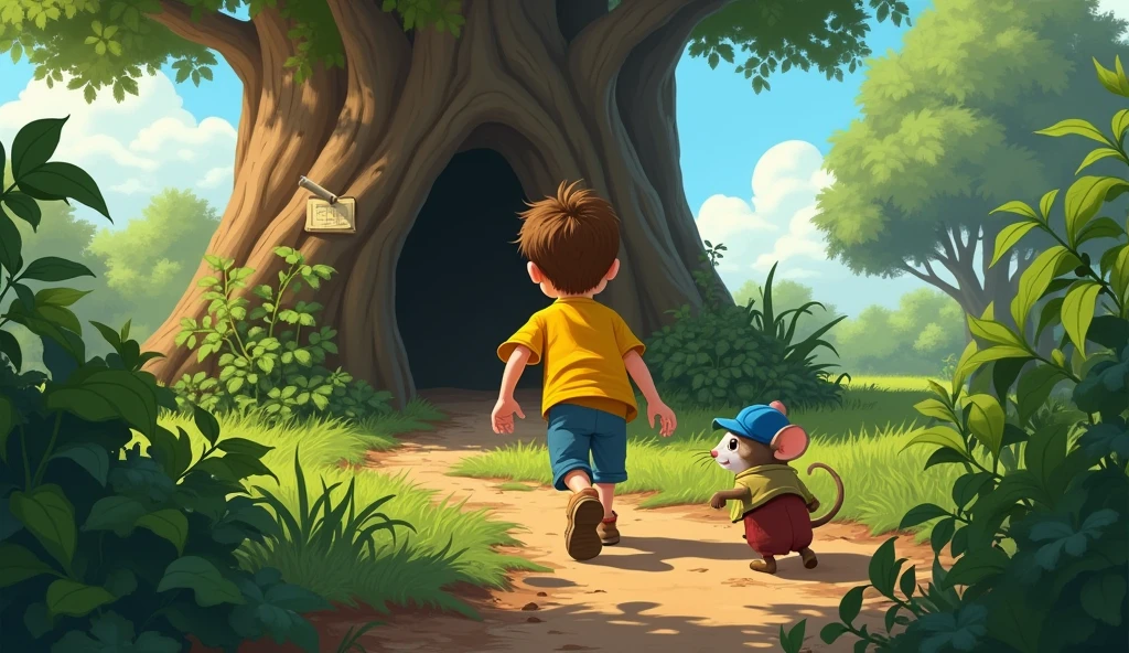 Show Léo, the boy in his yellow shirt and blue shorts, and Remy, the mouse with his small, round blue hat, exploring a mysterious path in the garden. They are navigating through muddy puddles and thorny bushes, with a large ancient tree in the background. A map is hidden in a leaf on the tree’s trunk