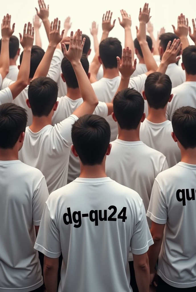 Men gathered, hands clasped upwards, white t-shirts, the back says "DG-QU24" in big letters