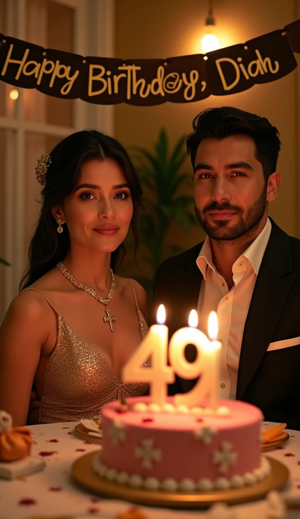 a 49 th birthday celebration dinner a lady and a gentleman wearing upscale attires, the lady is wearing a necklace with a cross at the end, hyper realistic, UHD image, delightful and cheerful. Both people are facing camera. The gentleman is giving a birthday give to the lady. There is a cake with candle number 49. A banner behind with a caption "Happy Birth Day, Diah"