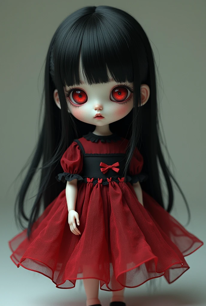 her name is Chizuke, she appears 10- and she has long black hair with red eyes and spiral pupils, she wears a poofy red and black dress and has a doll like face, her eyes are glassy, and she has a very small figure, (a thin waist and soft face shape). she is a Child sized doll, she is a porcelain doll with no flaws and glassy eyes, she can also detach her limbs and head while remaining alive, though her body is very fragile and can be cracked and broken like glass