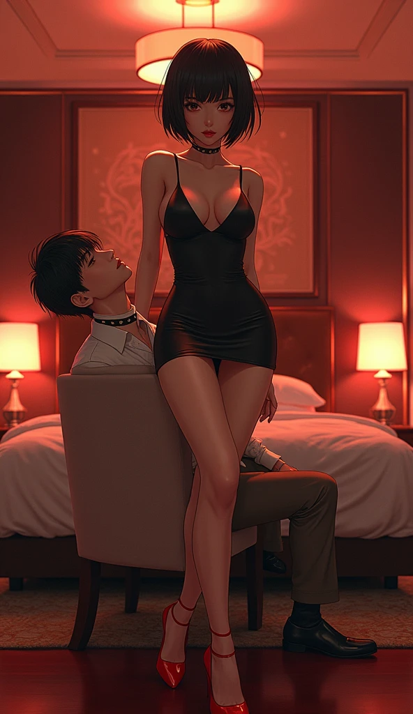(People, Japanese, short black hair, luxury city hotel room, mini skirt, dress, wearing red heels, woman wearing collar on man.