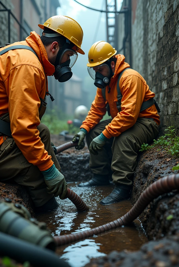 Two technicians cleaning a company's septic tank