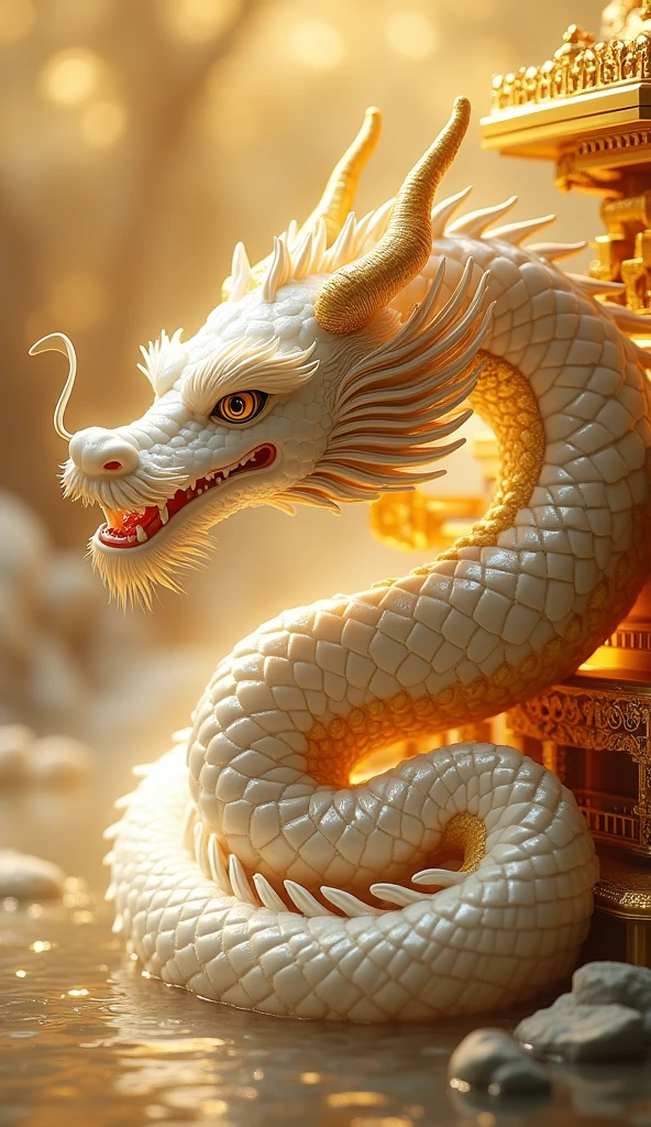 Highest quality、 Ultra-high resolution、4K Ultra HD、A white dragon with golden scales、The Golden Temple、Japanese style、Gold background、Increase your luck with money、Dragon like a snake